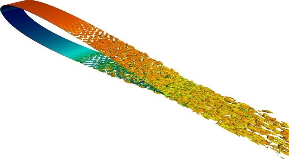 Isosurfaces of vortical structures in turbulent flow over a NACA0012 airfoil
